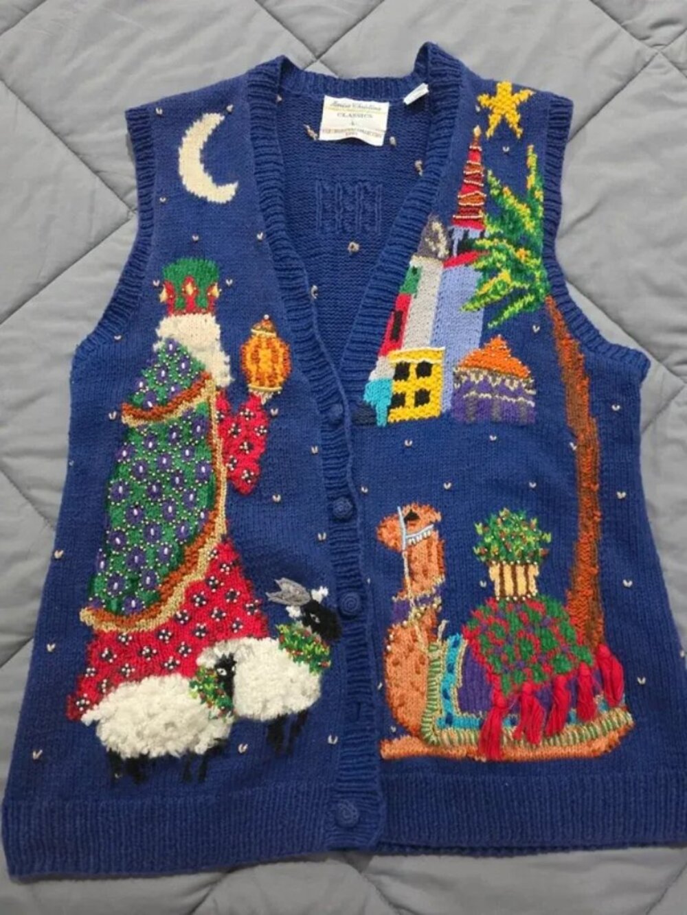 Vintage womens sz Large marissa christina knitted Christmas Sweater Wise Men Nat